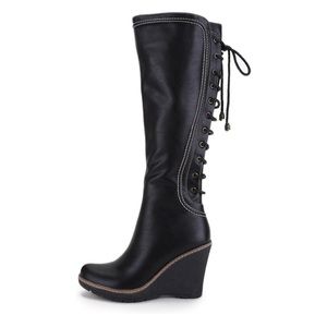 Stitching Back Lace Knee-High Wedge Boots -Black